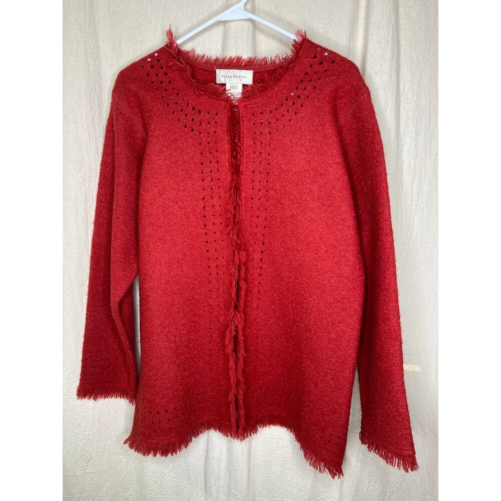 1990s Susan Bristol Wool Tassel Burnt Orange Lagenlook Granola Fringe Cardigan L
